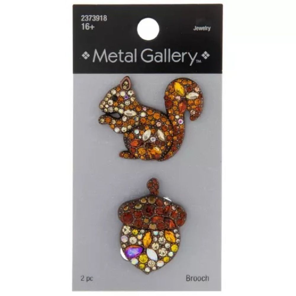 New! Metal Gallery Squirrel & Acorn Rhinestone Brooches NWT